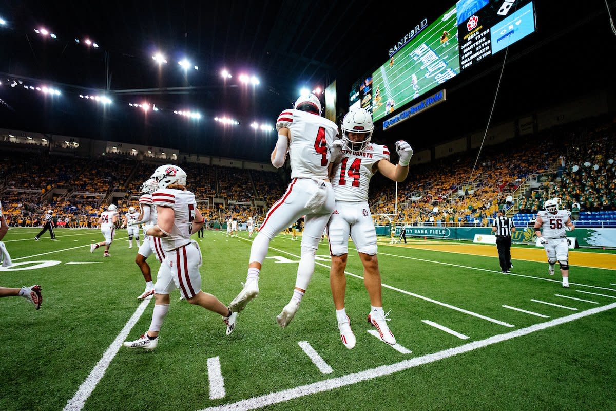South Dakota WR Carter Bell (14) & Cole Rhoden (4) Celebrate Touchdown Against North Dakota State